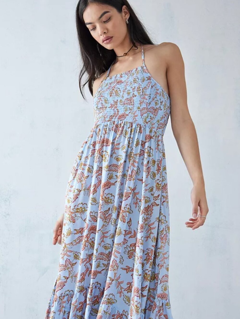Free People Sky Blue Floral Maxi Dress with Rust and Green Accents